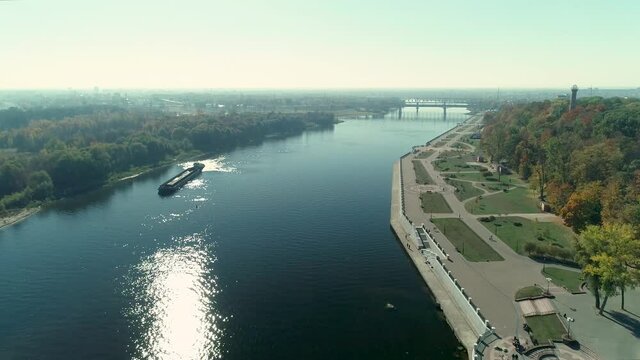 Aerial view of Sozh river along Gomel city embankment