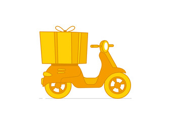 Box on a motorbike. Delivery service scooter. Pizza and food delivery. Yellow and orange color. Vector illustration.