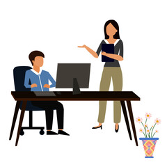 A lady explaining about business plan to a man who sitting on a chair behind lab-top. A lady talking to a man, ask for help.