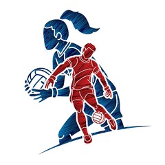 Group of Gaelic Football Male and Female Players Sport Action Cartoon Graphic Vector