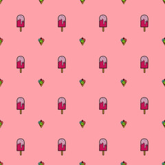 Ice cream and cone seemless pattern on pink background