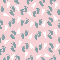 Seamless baby pattern of baby feet. Vector illustration on a blue background