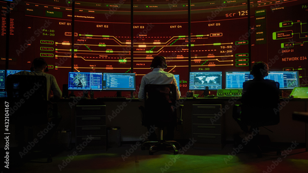 Poster Professional IT Technical Support Specialists and Software Programmer Working on Computers in Monitoring Control Room with Digital Screens with Server Data, Blockchain Network and Surveillance Maps. 