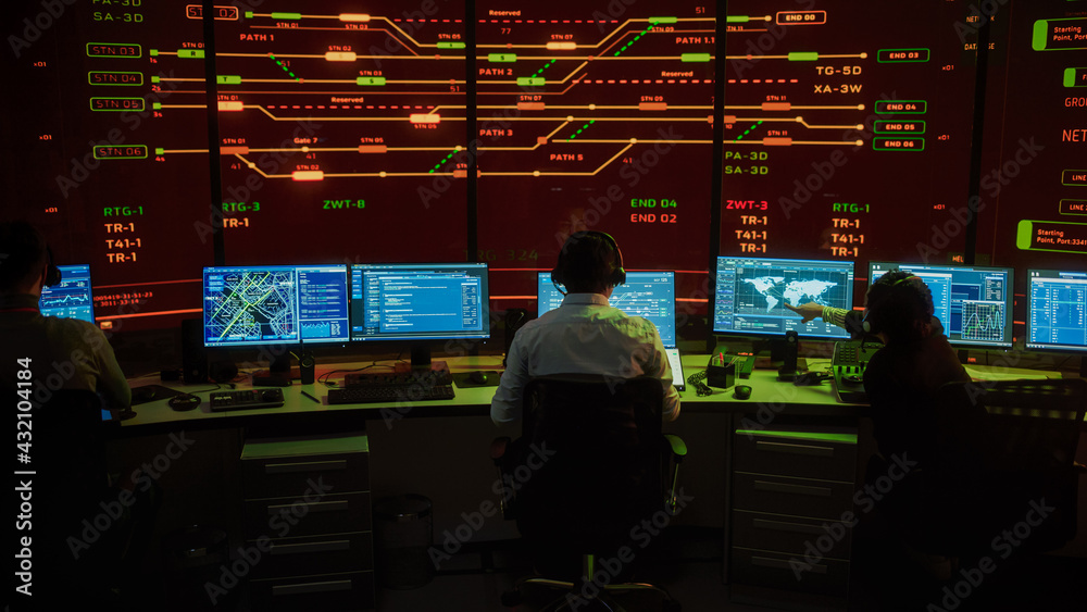 Poster Professional IT Technical Support Specialists and Software Developer Working on Computers in Monitoring Control Room with Digital Screens with Server Data, Blockchain Network and Surveillance Maps. 