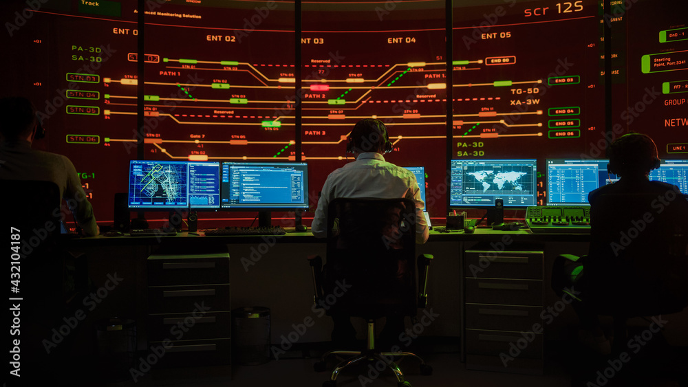 Poster Professional IT Technical Support Specialists and Software Developer Working on Computers in Monitoring Control Room with Digital Screens with Server Data, Blockchain Network and Surveillance Maps. 