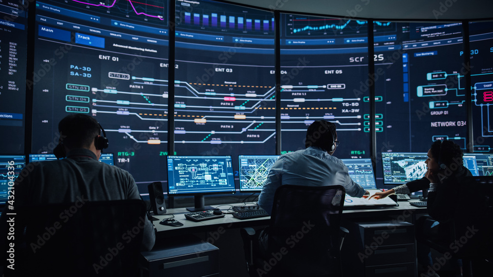 Leinwandbilder Professional IT Technical Support Specialists and Software Programmer Working on Computers in Monitoring Control Room with Digital Screens with Server Data, Blockchain Network and Surveillance Maps. 