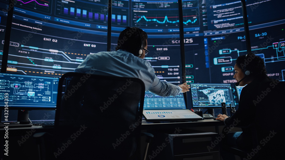 Poster Professional IT Technical Support Specialists and Software Programmer Working on Computers in Monitoring Control Room with Digital Screens with Server Data, Blockchain Network and Surveillance Maps. 