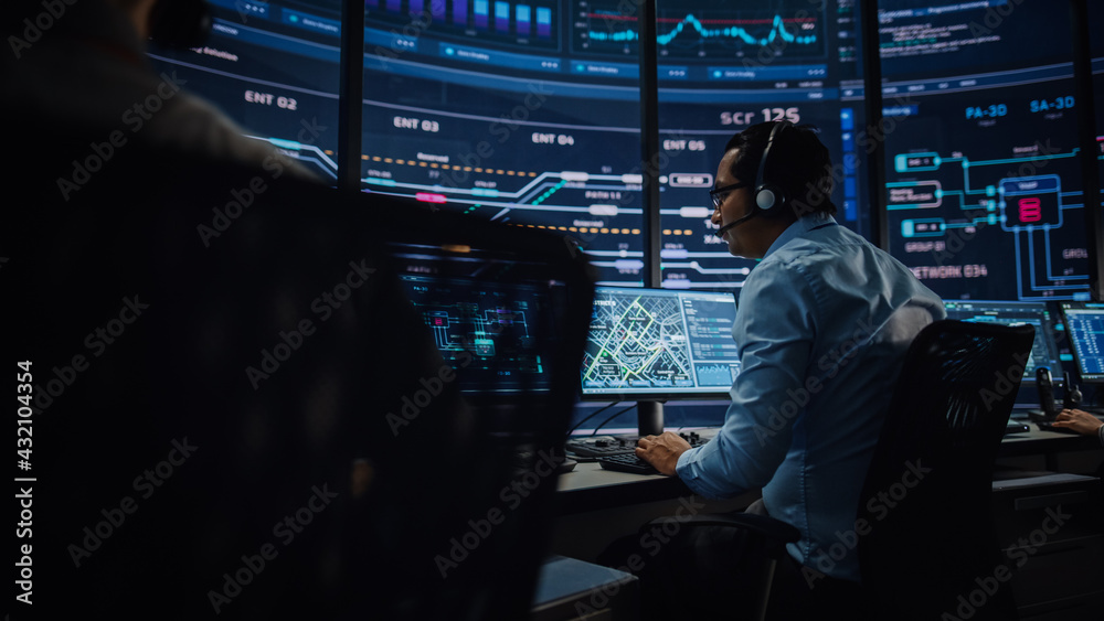 Poster Professional IT Technical Support Specialists and Software Programmer Working on Computers in Monitoring Control Room with Digital Screens with Server Data, Blockchain Network and Surveillance Maps. 
