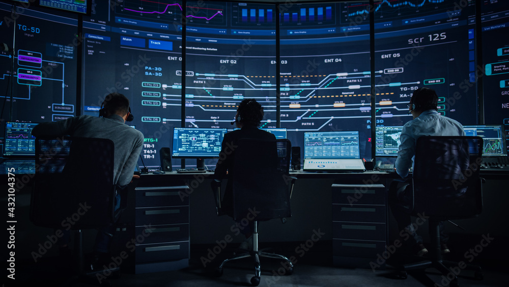 Poster Professional IT Technical Support Specialists and Software Programmer Working on Computers in Monitoring Control Room with Digital Screens with Server Data, Blockchain Network and Surveillance Maps. 