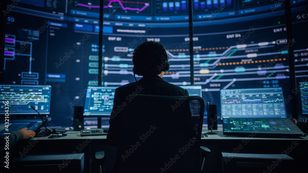 Poster Professional IT Technical Support Specialists and Software Programmer Working on Computers in Monitoring Control Room with Digital Screens with Server Data, Blockchain Network and Surveillance Maps. 