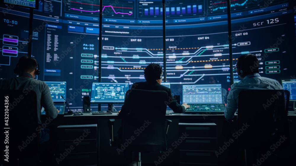 Poster Professional IT Technical Support Specialists and Software Programmer Working on Computers in Monitoring Control Room with Digital Screens with Server Data, Blockchain Network and Surveillance Maps. 