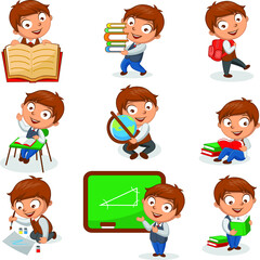 School Boy Different Activities vector illustration