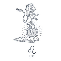 Leo zodiac sign. The lion rides on one wheel. Sun and clouds. Astrology.