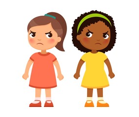 Two multiracial little girls look viciously at each other, cartoon characters. Angry children, enmity or rivalry concept. Vector illustration.