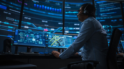 Fototapeta premium Professional IT Technical Support Specialist and Software Developer Working on Computer in Monitoring Control Room with Digital Screens. Employee Uses Headphones with Mic and Talking on a Call.