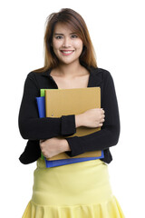 Isolated portrait closeup of Asian woman confident secretary office staff in black formal suit yellow dress walk smile look at camera hold colorful paperwork document file folder on white background