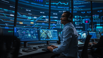 Fototapeta premium Professional IT Technical Support Specialist and Software Developer Working on Computer in Monitoring Control Room with Digital Screens. Employee Uses Headphones with Mic and Talking on a Call.