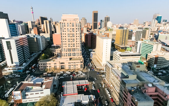 High Angle view building and street scenes of Braamfontein Suburb of Johannesburg CBD