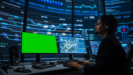 Naklejka premium Professional IT Technical Support Specialist and Software Developer Working on Computer with Green Screen Mock Up Display in Monitoring Control Room with Digital Screens. Female Wears Headphones.