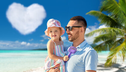 family, fatherhood and travel concept - happy smiling father with little daughter over tropical...