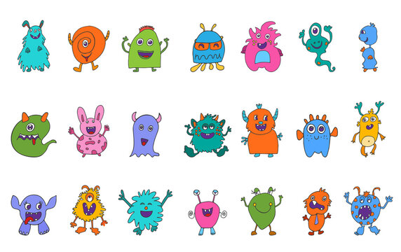 Cute character cartoon baby alien. Amusing baby beast. Bizarre and funny monster. Collection set isolated vector icons. Fantasy creatures.Funny colorful and hand drawn abominable beasts