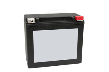Rechargeable starter lead-acid battery for motorcycle, jetsky or snowmobile. Positive terminal is shut with red cap. Isolated on white background. Space for logo