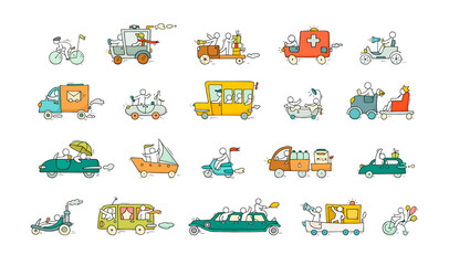 Sketch set with cute cars and people
