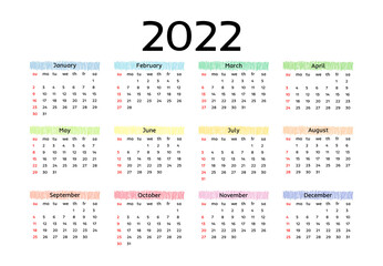 Calendar for 2022 isolated on a white background