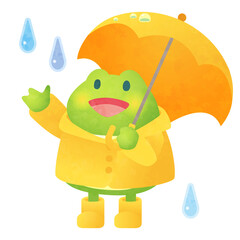 傘をさす雨の日のカエルの水彩風イラスト