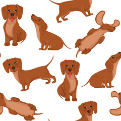 Fototapeta premium Pattern dachshund dog, cheerful friend, pet, lie down, run and have fun. Vector in cartoon