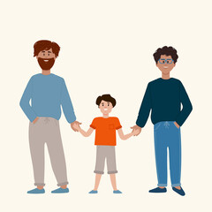 Male LGBT family. Parents are a couple of men with a son. Fatherhood, care in marriage. Same-sex couples, their equality, gay, lesbian, transgender LGBT families. Vector illustration