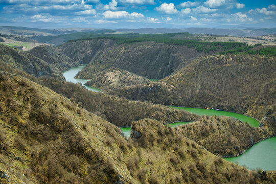 Amazing mountain landscape with meanders of curving river Uvac in canyon of the nature reserve in Serbia
