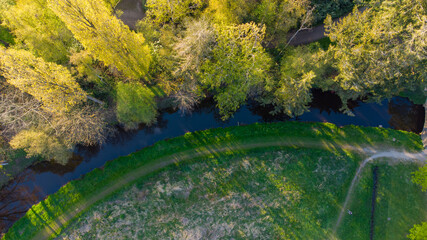 Amazing aerial view of a small river in the forest, almost dried up in the summer in Belgium. High quality photo