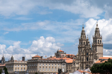 Fototapeta na wymiar Panoramic view of the cathedral of Santiago de Compostela and monumental area of the city.