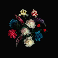 Floral collage on black background. Digital art.