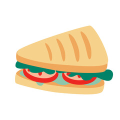 Triangular sandwich with lettuce, tomatoes and cheese. Sandwich, school snack icon. Graphic design elements for menu, advertising, poster, brochure. Fast food vector illustration in cartoon style.
