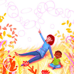 Colorful and simple illustration of a small family of white mom and black son spending time outside. Miracle background and soap bubbles.