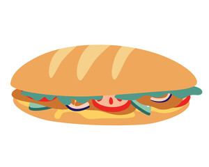 Tasty long baguette sandwich. Fast food baguette sandwich ham bacon lettuce tomato cheese. Fast food icon. Vector illustration.