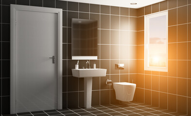 Clean and fresh bathroom with natural light. 3D rendering.. Sunset.
