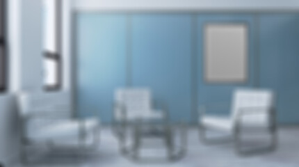 Unfocused, Blur phototography.  Modern office building interior. 3D rendering.. Blank paintings.