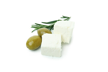 Feta cheese, olives and rosemary isolated on white background