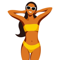 vector illustration on the theme of summer holidays. beautiful young tanned girl in a yellow swimsuit sunbathes on the beach isolated on white background. can be used to advertise summer vacations