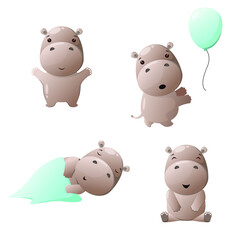 A set of cute hippos. Children's animal illustration.