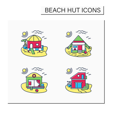 Beach hut color icons set. Modern facade comfortable houses on beach. Perfect relax place. Seascape. Rest concept. Isolated vector illustrations