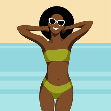 vector trendy illustration on the theme of summer holidays. beautiful young dark-skinned girl stands on the beach in a green swimsuit against the backdrop of the sea or ocean. elements are isolated.