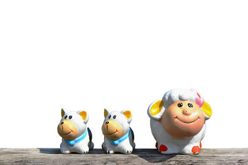 Plaster doll On the old wood floor isolated on white background. This has clipping path.                           