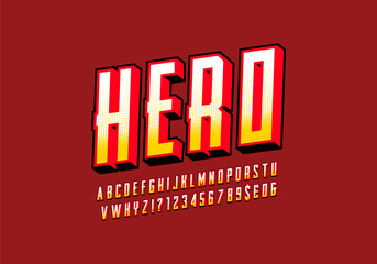 Colorful super hero style font, alphabet letters and numbers. Letters with halftone texture.