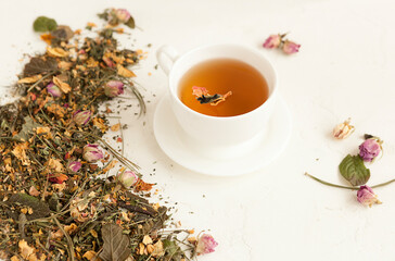 fragrant herbal tea in a white mug, herbal tea for a healing drink.
