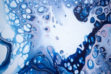 Acrylic painting texture closeup, fluid art painting, acrylic pouring paint texture, blue, white, and pink paint splashes