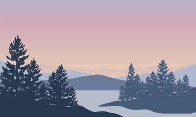 Fantastic view of the mountains with forest from the edge of the city in the early morning. Vector illustration